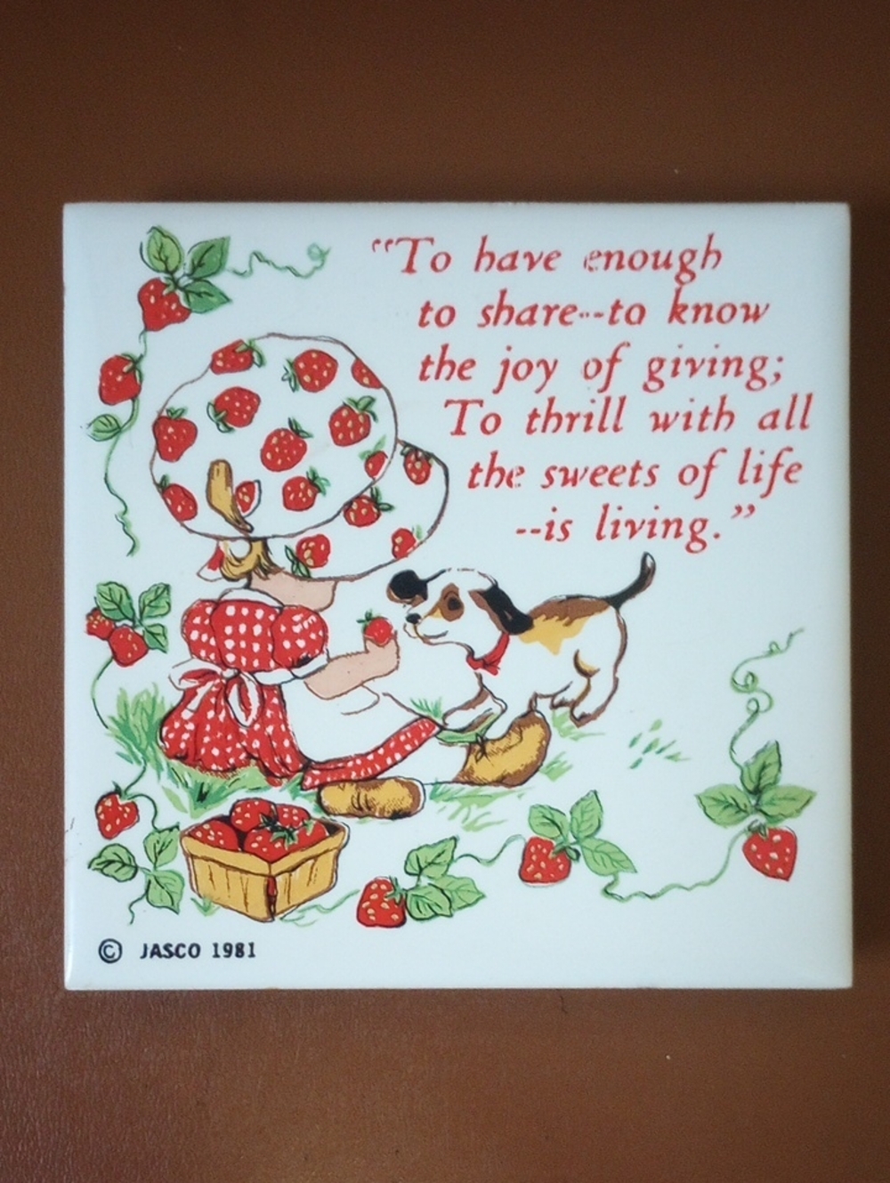 Jasco Vintage 1981 Colorful Ceramic Tile Trivet w/ Strawberries & Dog